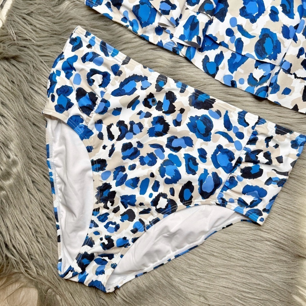 Tahari Blue Leopard Ruffle Women’s Bikini Set Coastal Resort Swim Sz Medium - Picture 5 of 13